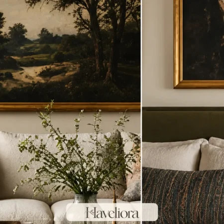 Layered collected living room with patterned textiles, meaningful art, warm wood and natural woven texture.