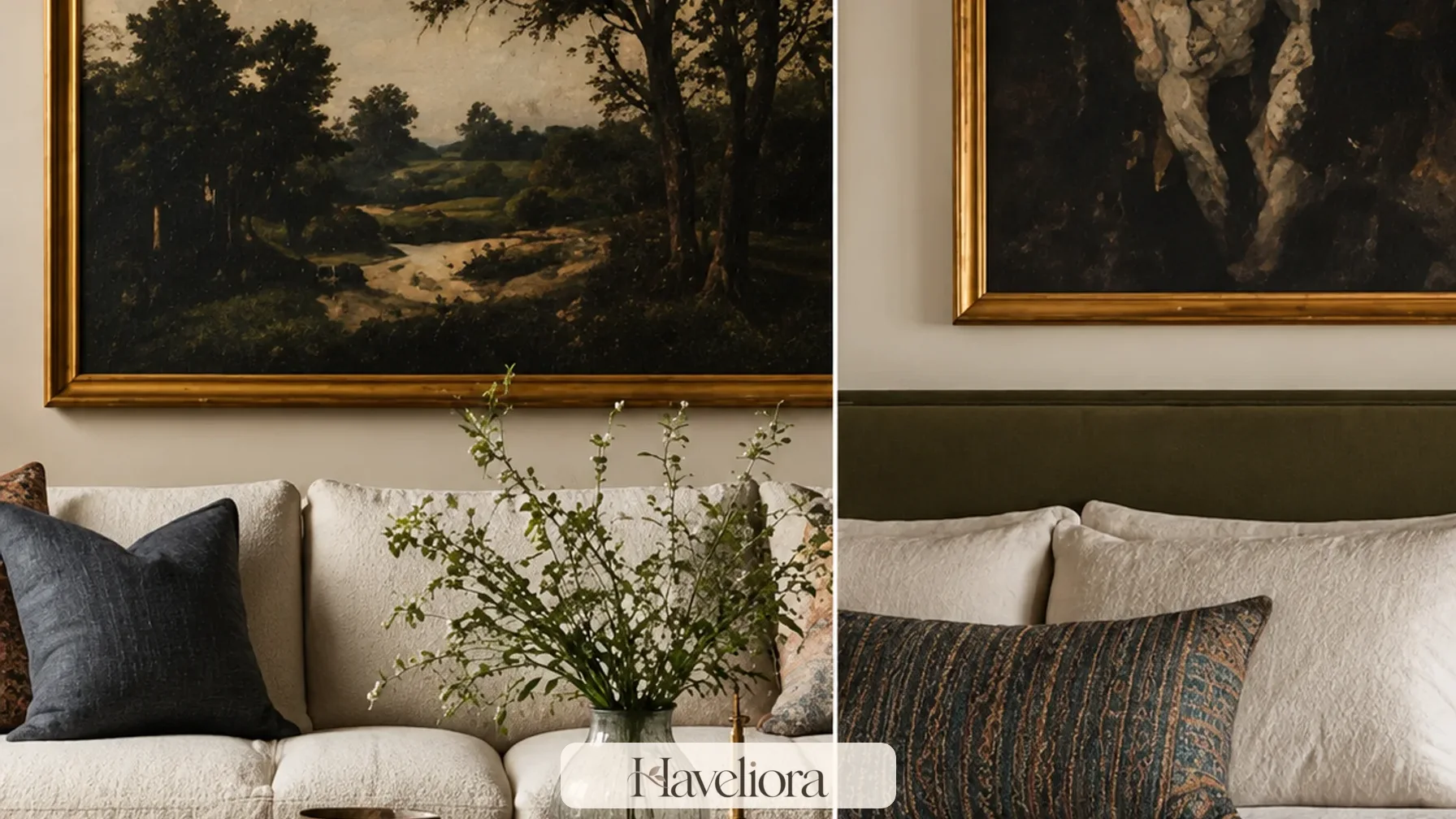 Layered collected interior combining vintage and contemporary furniture with warm natural materials.