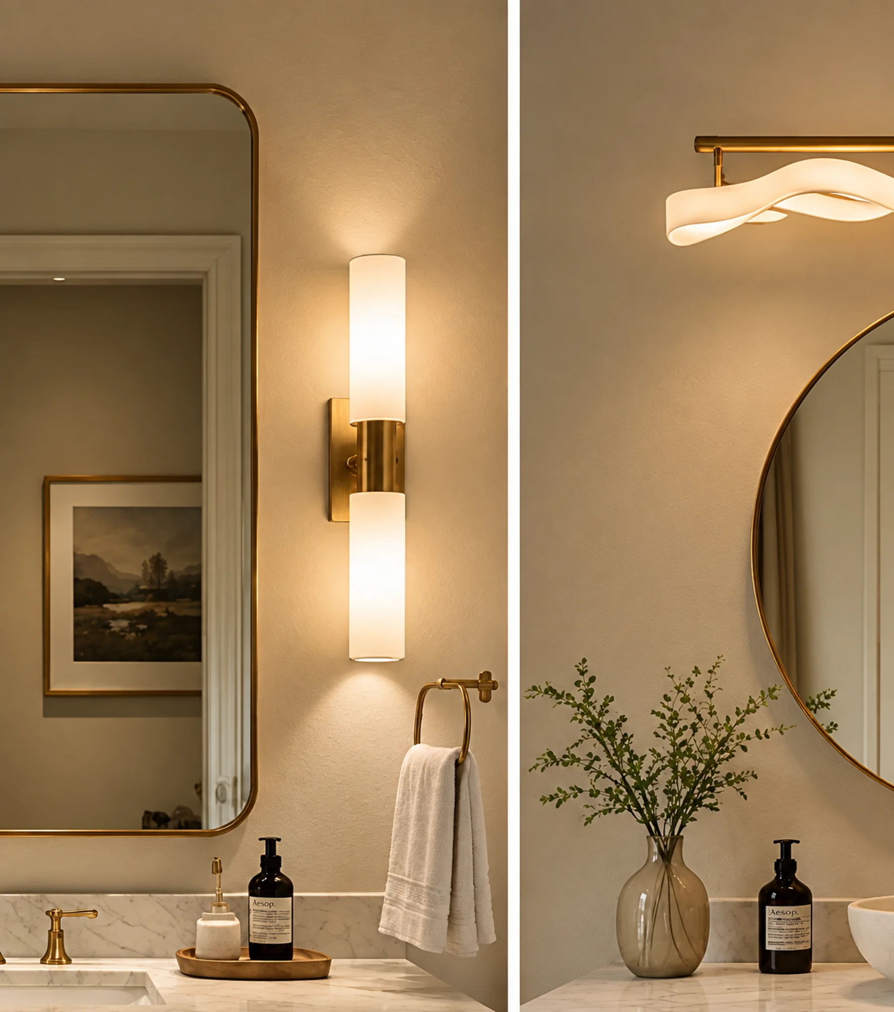Bathroom lighting with balanced vanity illumination and warm ambient light.