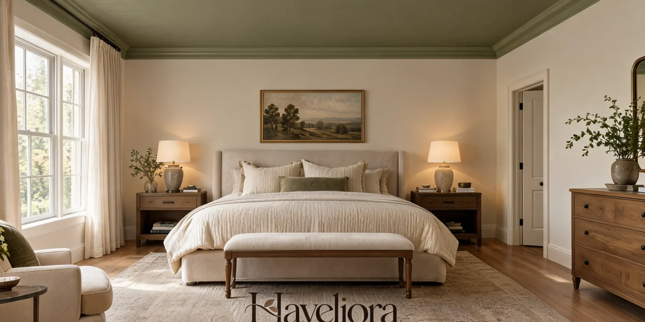 Restful bedroom with a muted olive statement ceiling, warm walls and an upholstered bed.