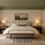Restful bedroom with a muted olive statement ceiling, warm walls and an upholstered bed.