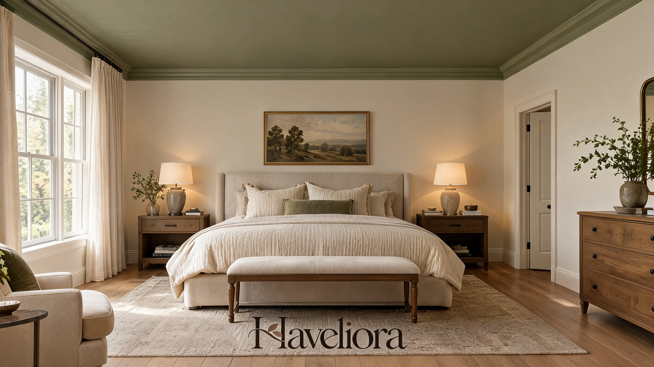 Restful bedroom with a muted olive statement ceiling, warm walls and an upholstered bed.