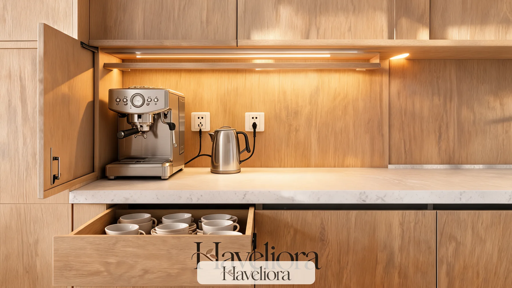 Kitchen beverage station with pocket doors open around an espresso machine and electric kettle.