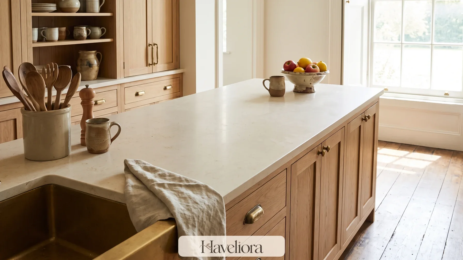 Warm kitchen counter with everyday objects grouped to one side and a generous clear preparation surface.
