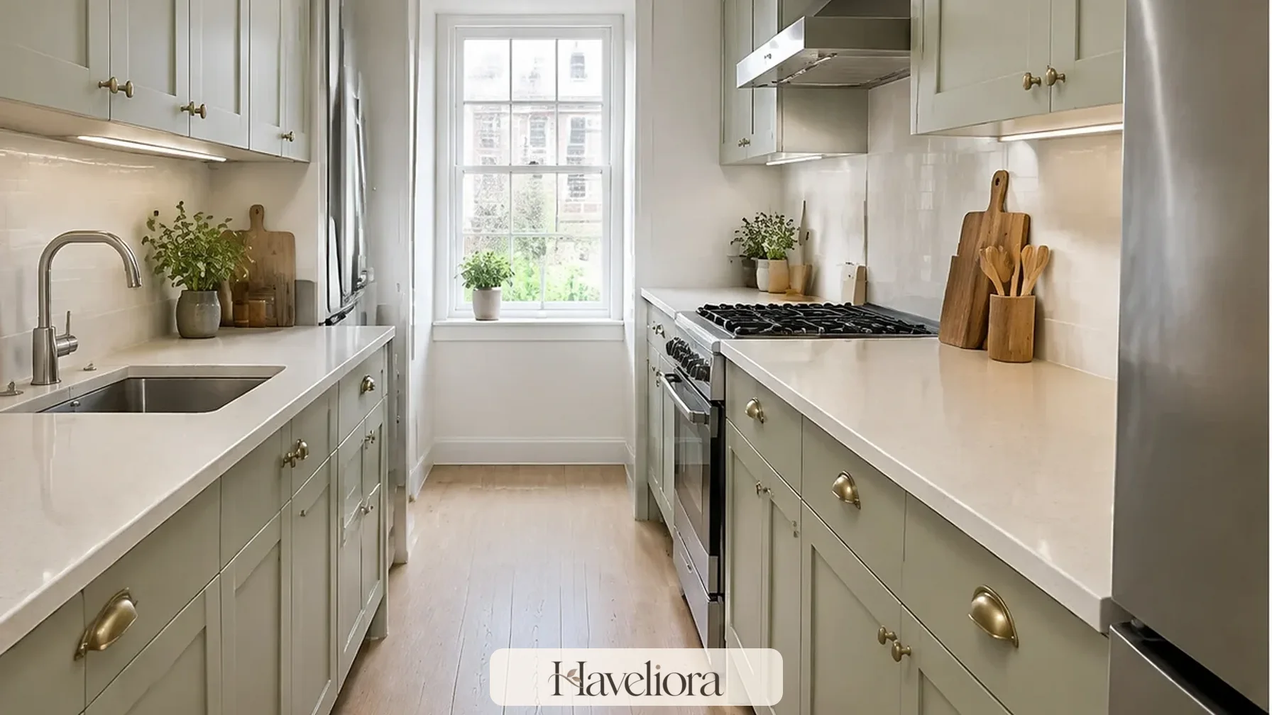 Compact kitchen arranged with efficient storage, clear circulation and an accessible counter at the room edge.