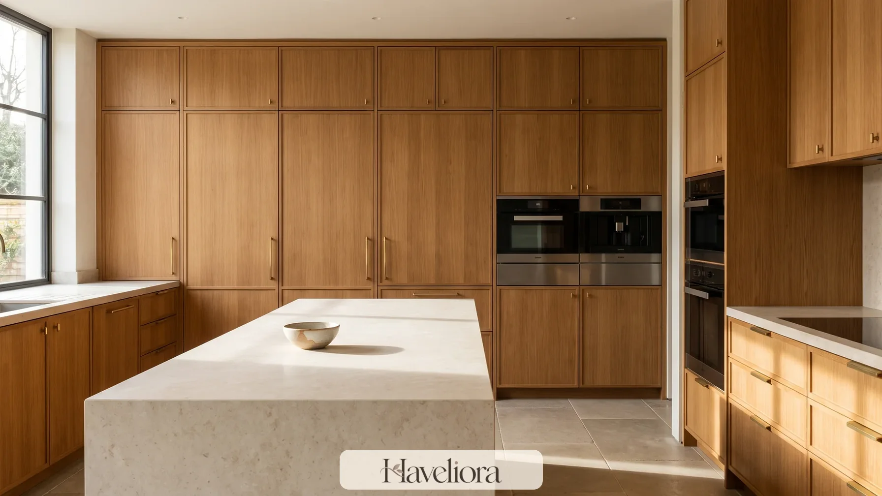 Warm oak pantry wall at the edge of a kitchen showing a useful location for a secondary drink zone.
