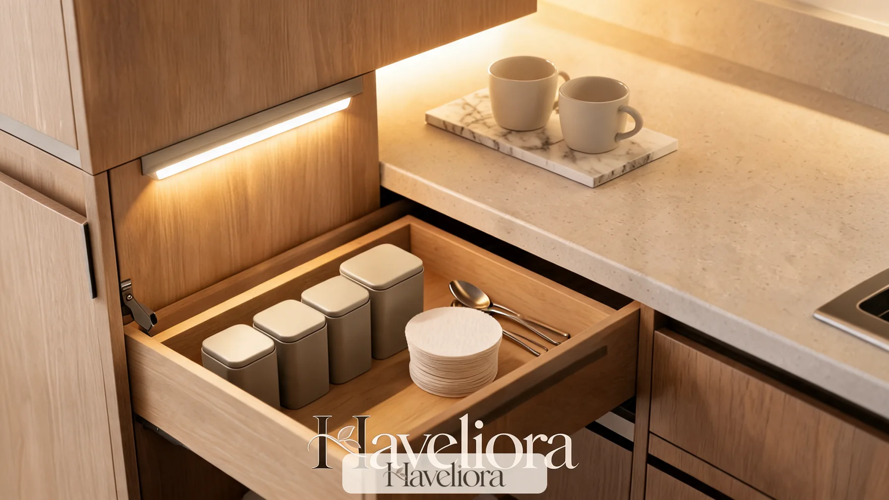 Beverage drawer and shallow cabinet with mugs, tea supplies, coffee filters and a clear stone counter.