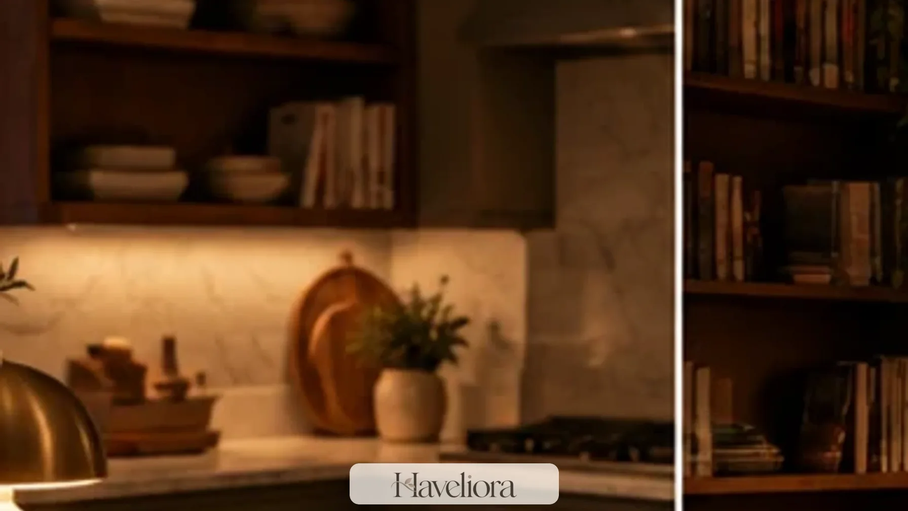 Small kitchen counter illuminated by a gentle focused light after sunset.