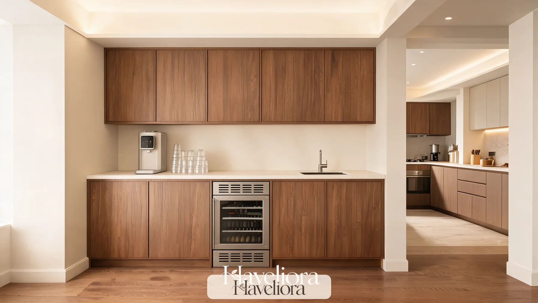Secondary kitchen beverage zone with an undercounter refrigerator, glass storage and a small sink.