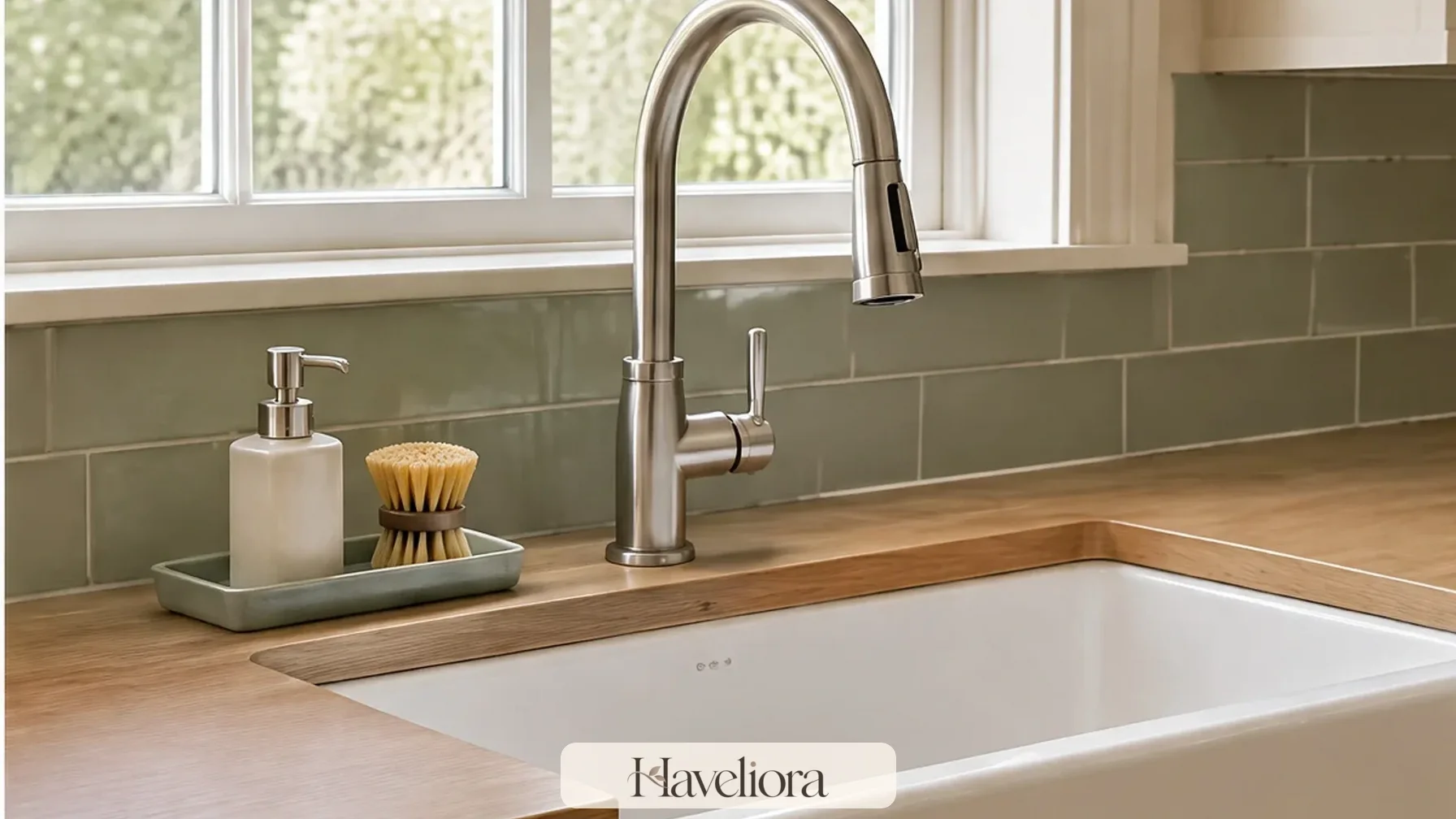 Simple kitchen sink area with tools grouped neatly beside a clear work surface.