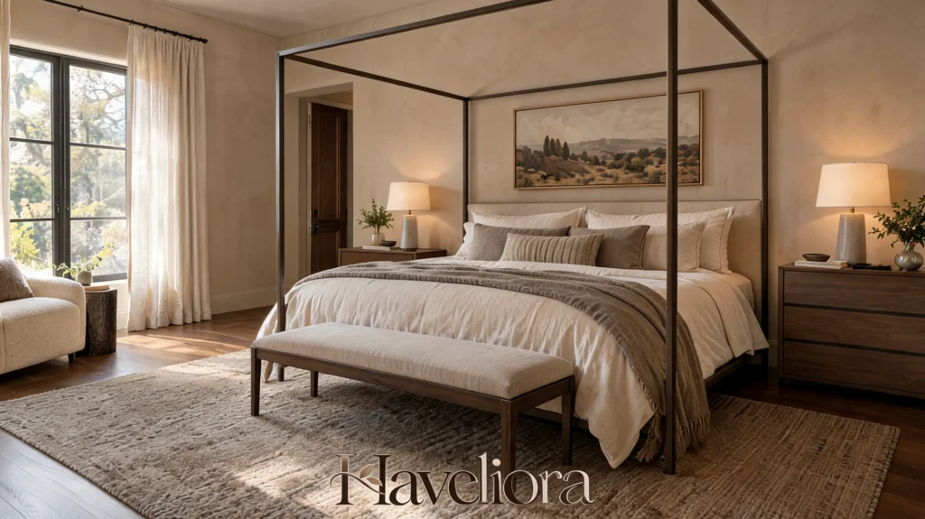 Modern bedroom with a slim dark canopy bed, warm neutral bedding and layered bedside lighting.