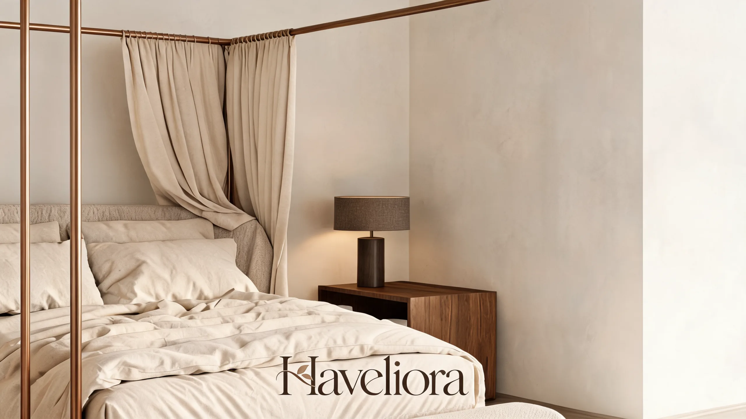 Canopy bed corner with light drapery at the head, walnut nightstand and shaded reading lamp.