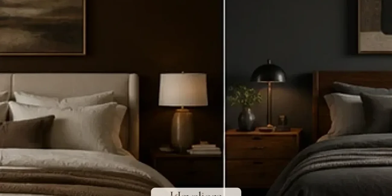 Chocolate brown room balanced with cream textiles, warm wood and soft seasonal light.
