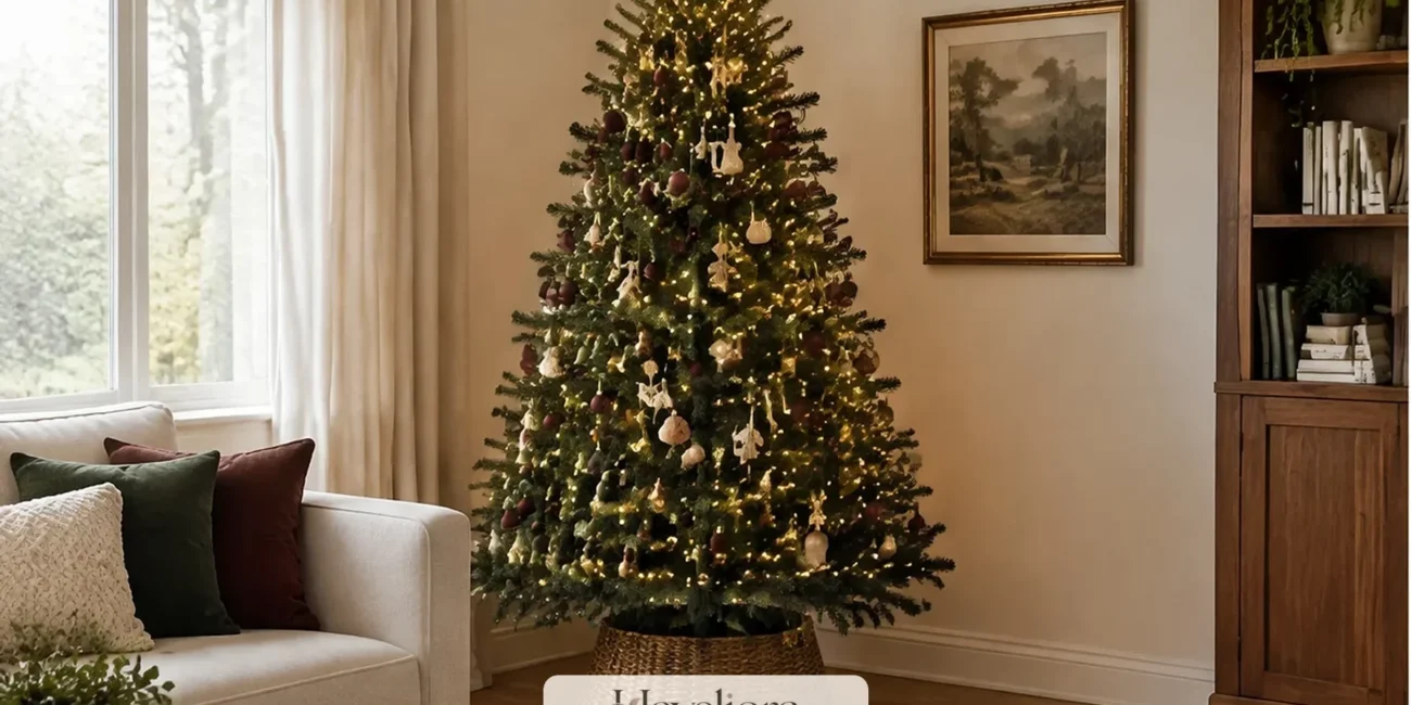 Warm Christmas living room with a decorated tree, restrained ribbon accents and soft seasonal lighting.