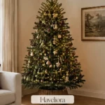 Warm Christmas living room with a decorated tree, restrained ribbon accents and soft seasonal lighting.