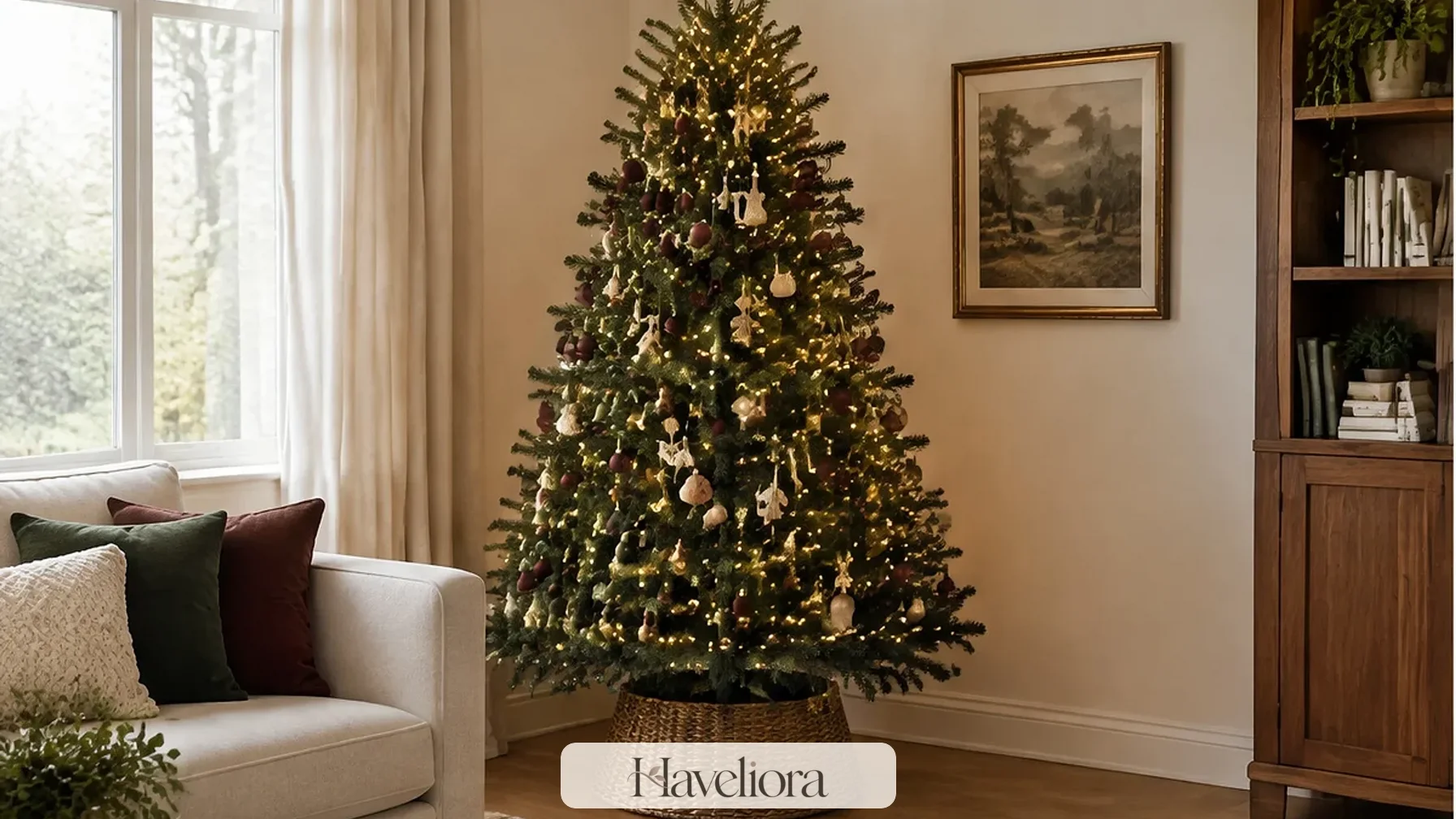Warm Christmas living room with restrained seasonal greenery and soft lighting.