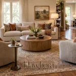 Warm living room arranged for conversation with a sofa, two swivel chairs, round coffee table and layered lamps.