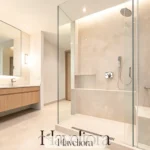 Contemporary bathroom with a true curbless shower, linear drain, fixed glass panel, bench and warm wood vanity.