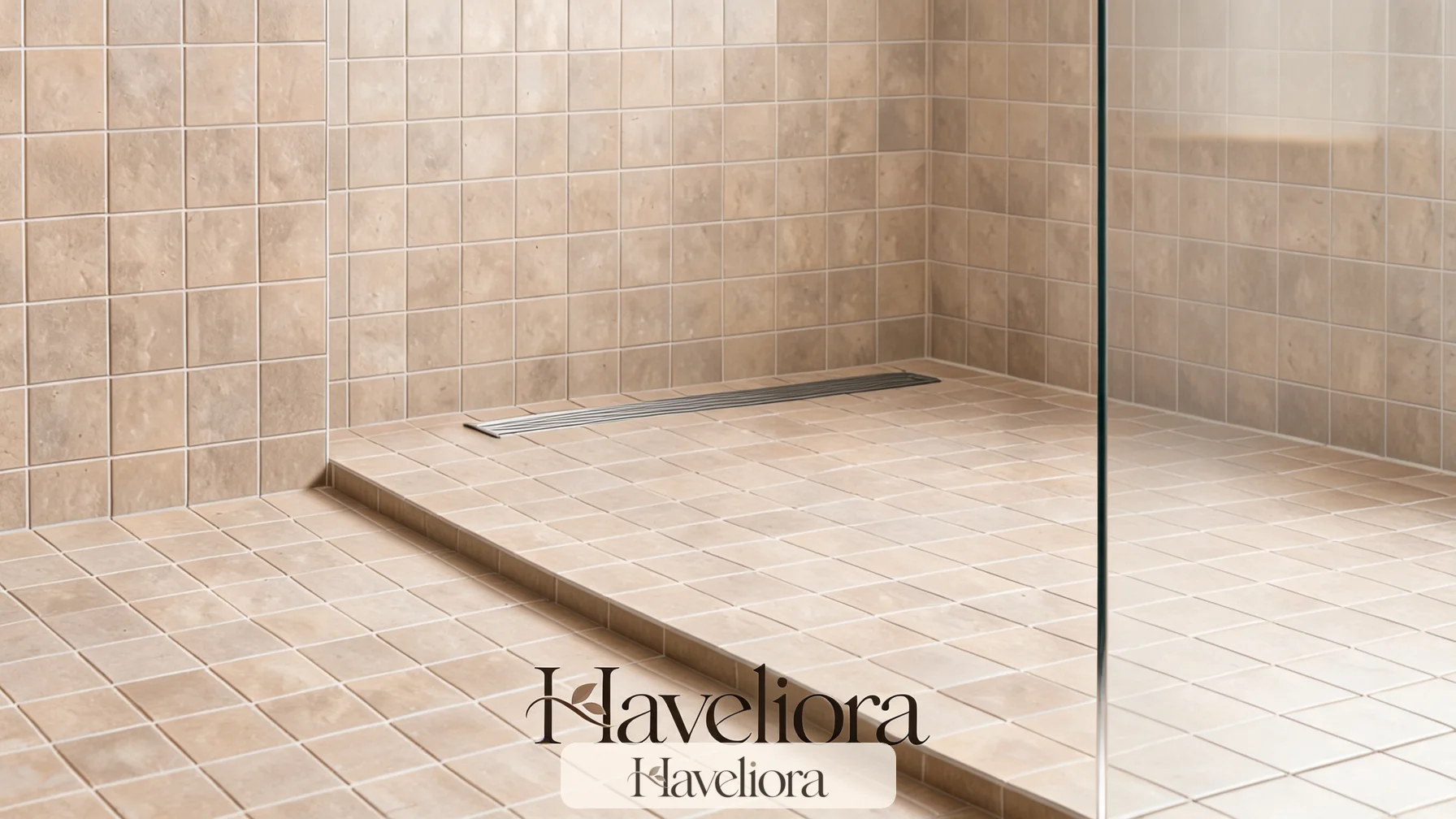 Continuous shower floor sloping toward a linear drain in an open wet-area layout.