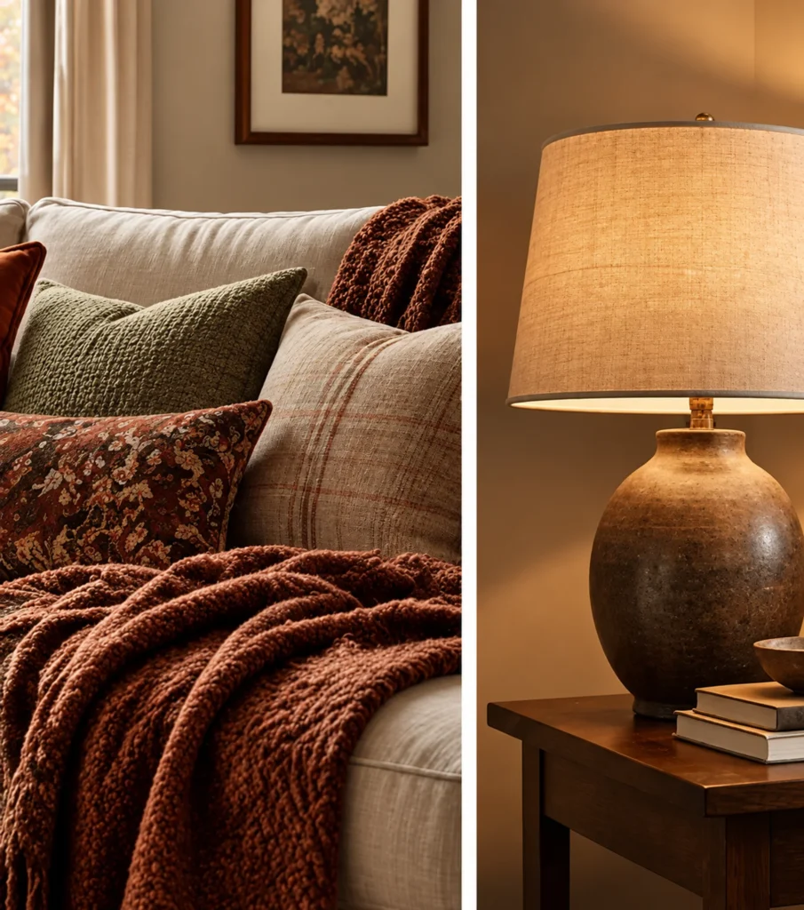 Fall living room with layered textiles and warm lighting