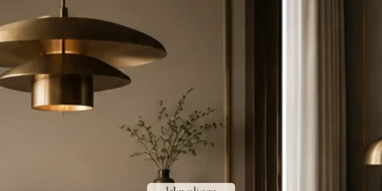 Playful sophisticated room with a sculptural pendant, strong geometry and edited warm materials.