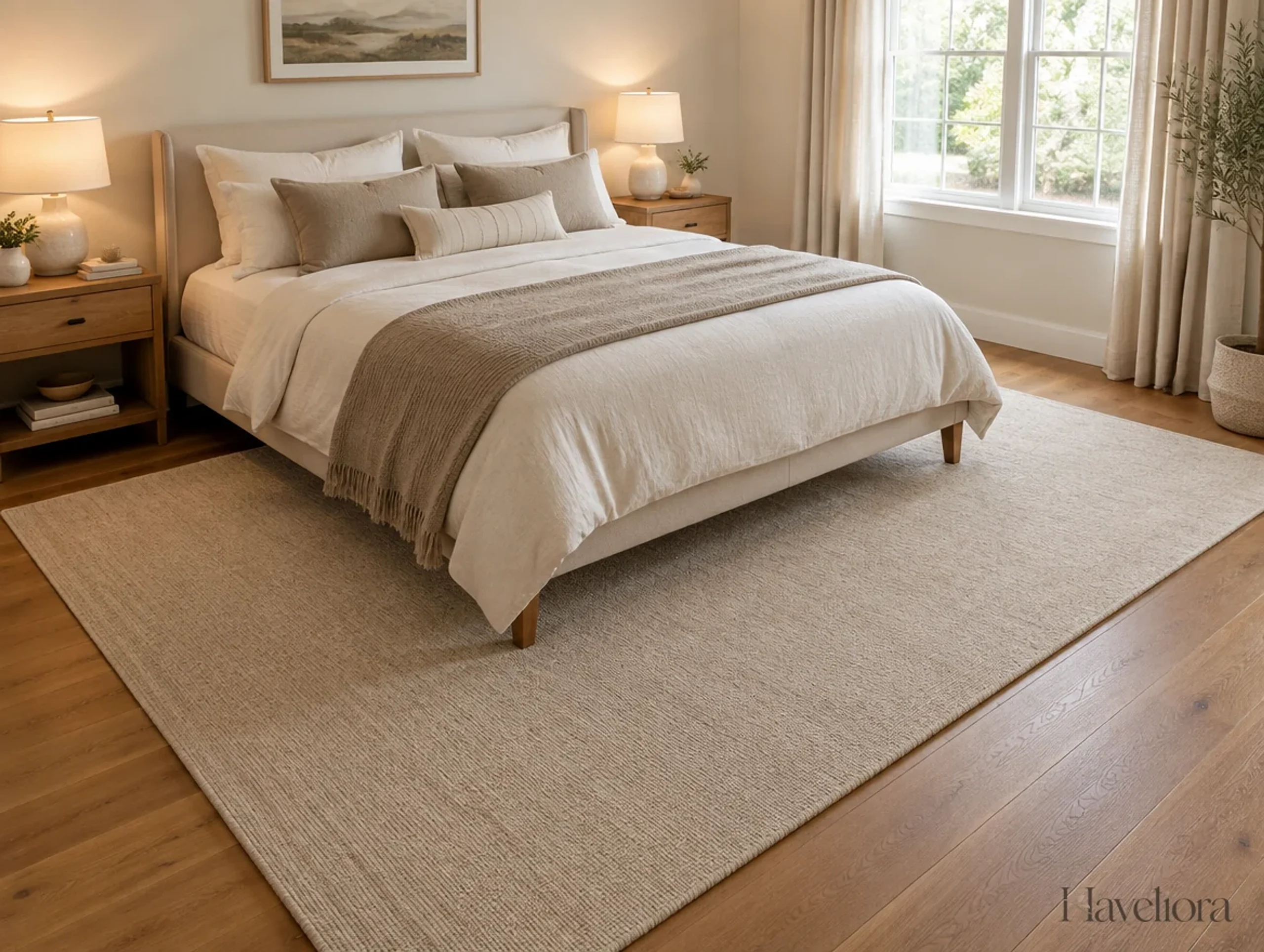 Large oatmeal rug extending beyond both sides and the foot of a cream bed on an oak floor.