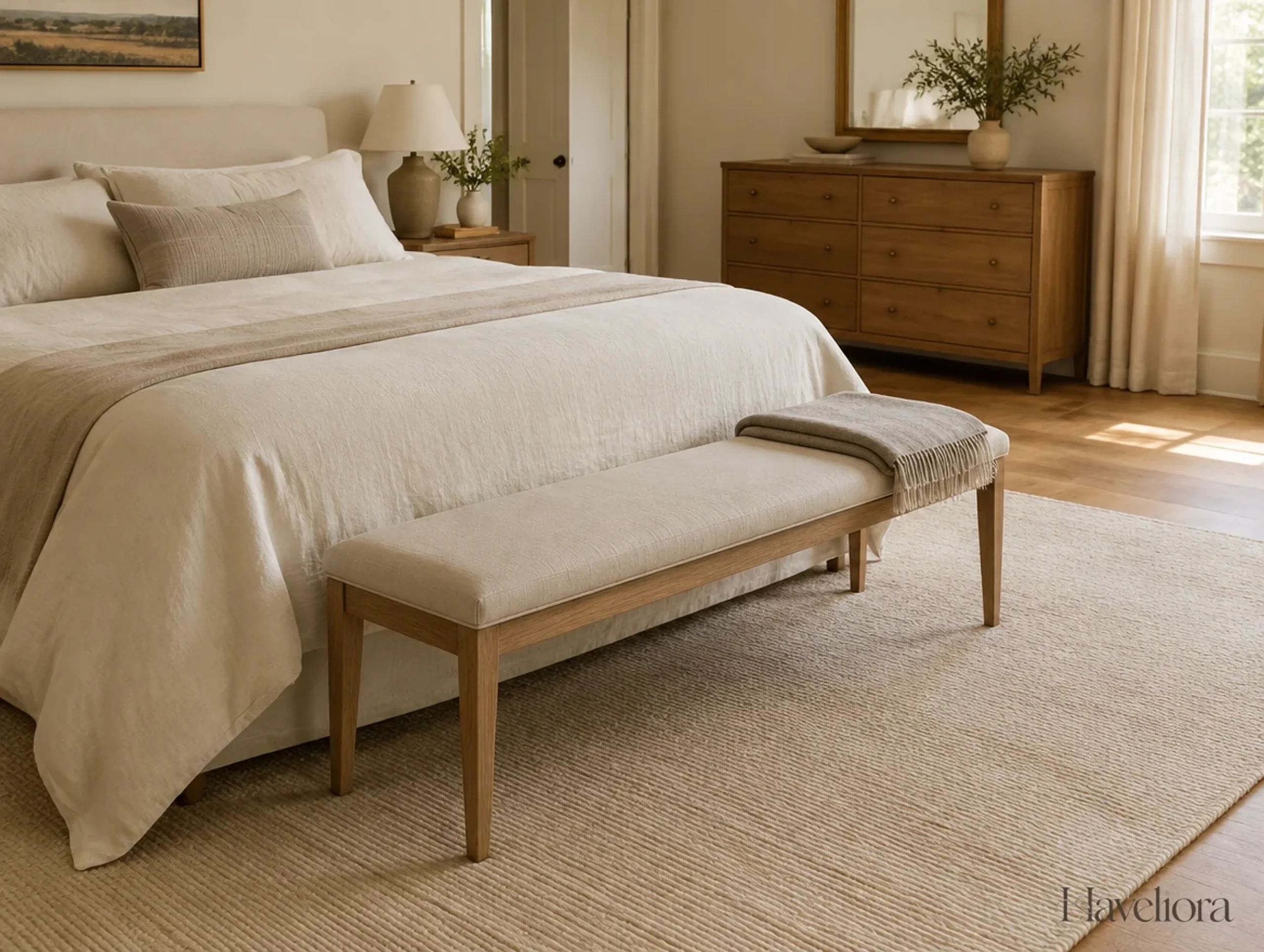 Slim oak bench with an oatmeal upholstered seat at the foot of a cream bed, with a clear walkway beyond.