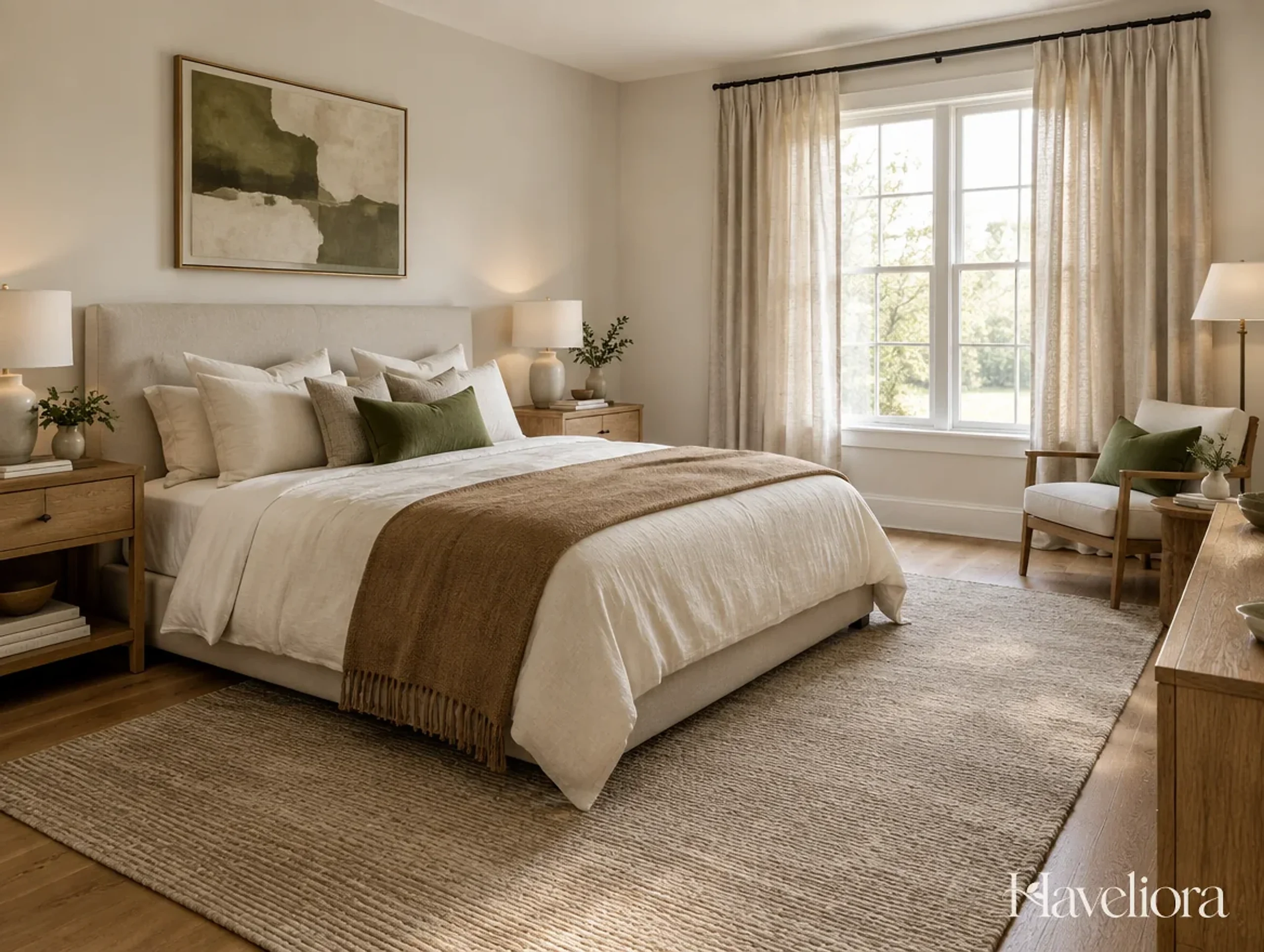 Warm bedroom repeating cream, wood brown and muted olive across the bed, curtains and accessories.