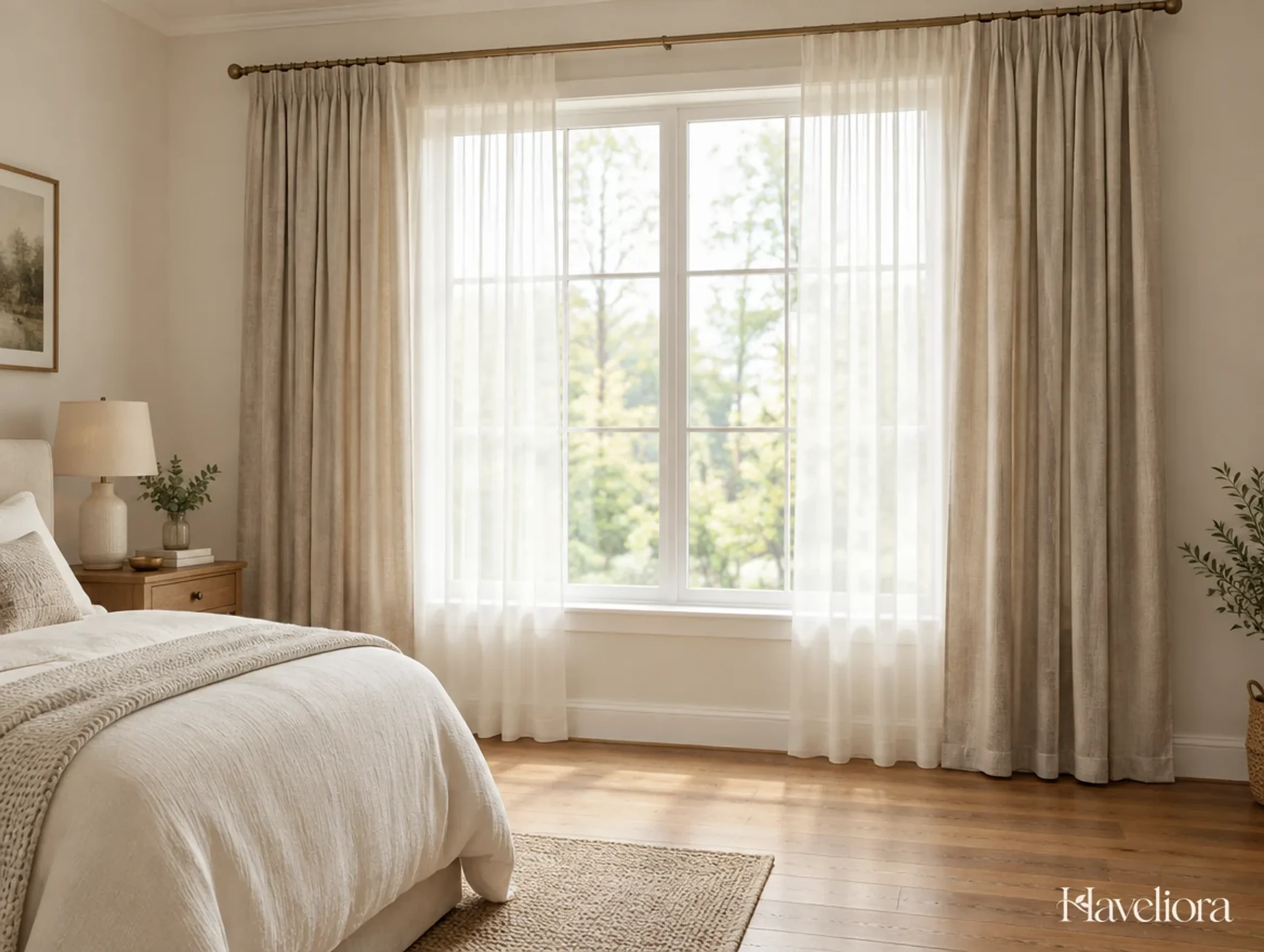 Full-length oatmeal curtains and an ivory sheer layer framing a bedroom window above an oak floor.
