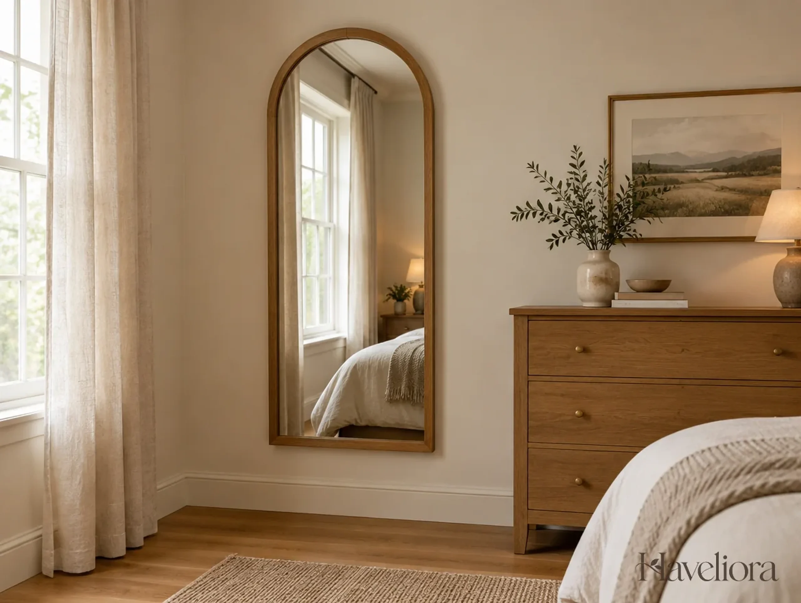 Wood-framed bedroom mirror reflecting a bright window and a softly furnished neutral interior.