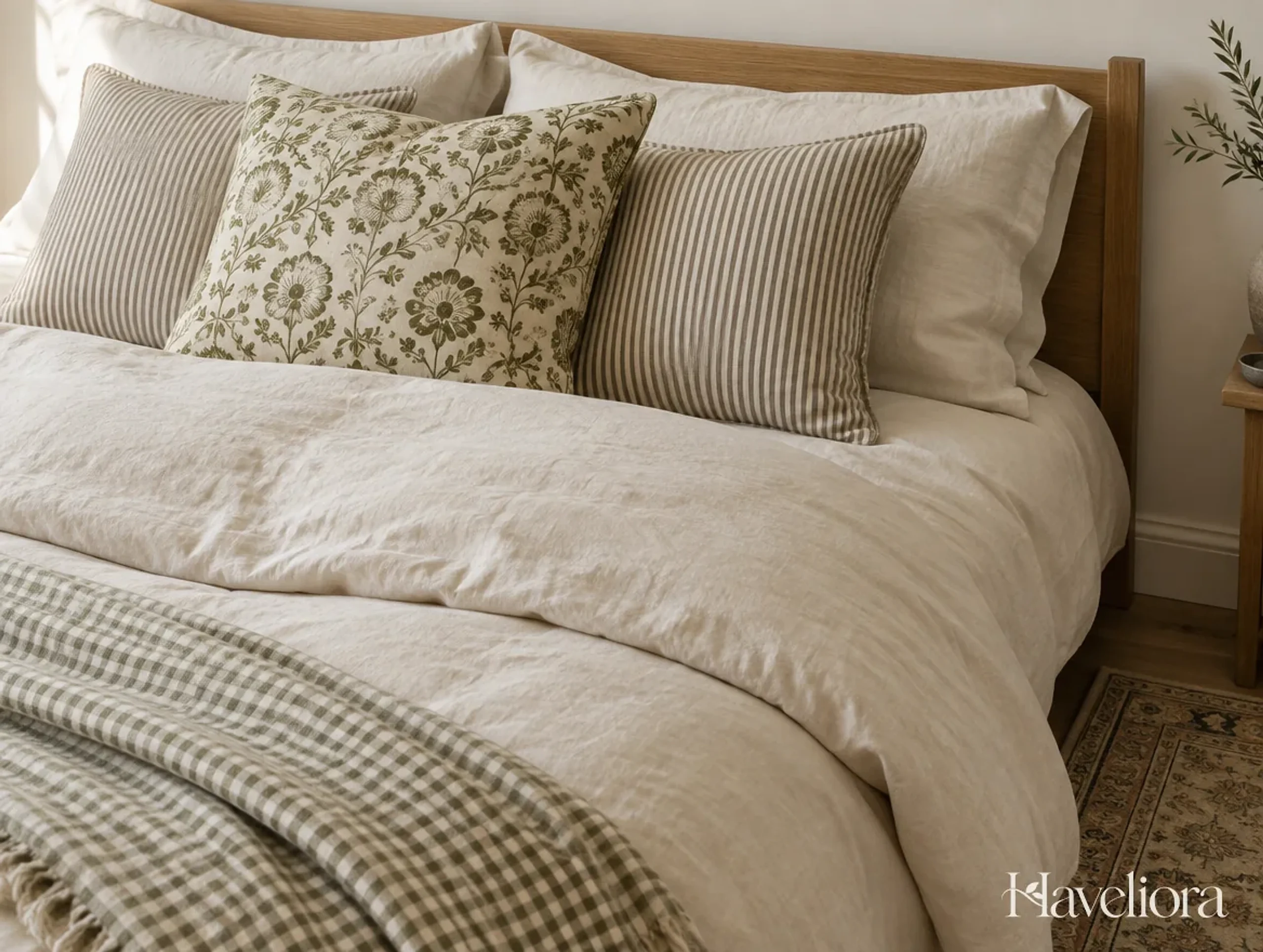 Neutral bedding combining fine stripes, a muted patterned cushion and a plain textured throw.