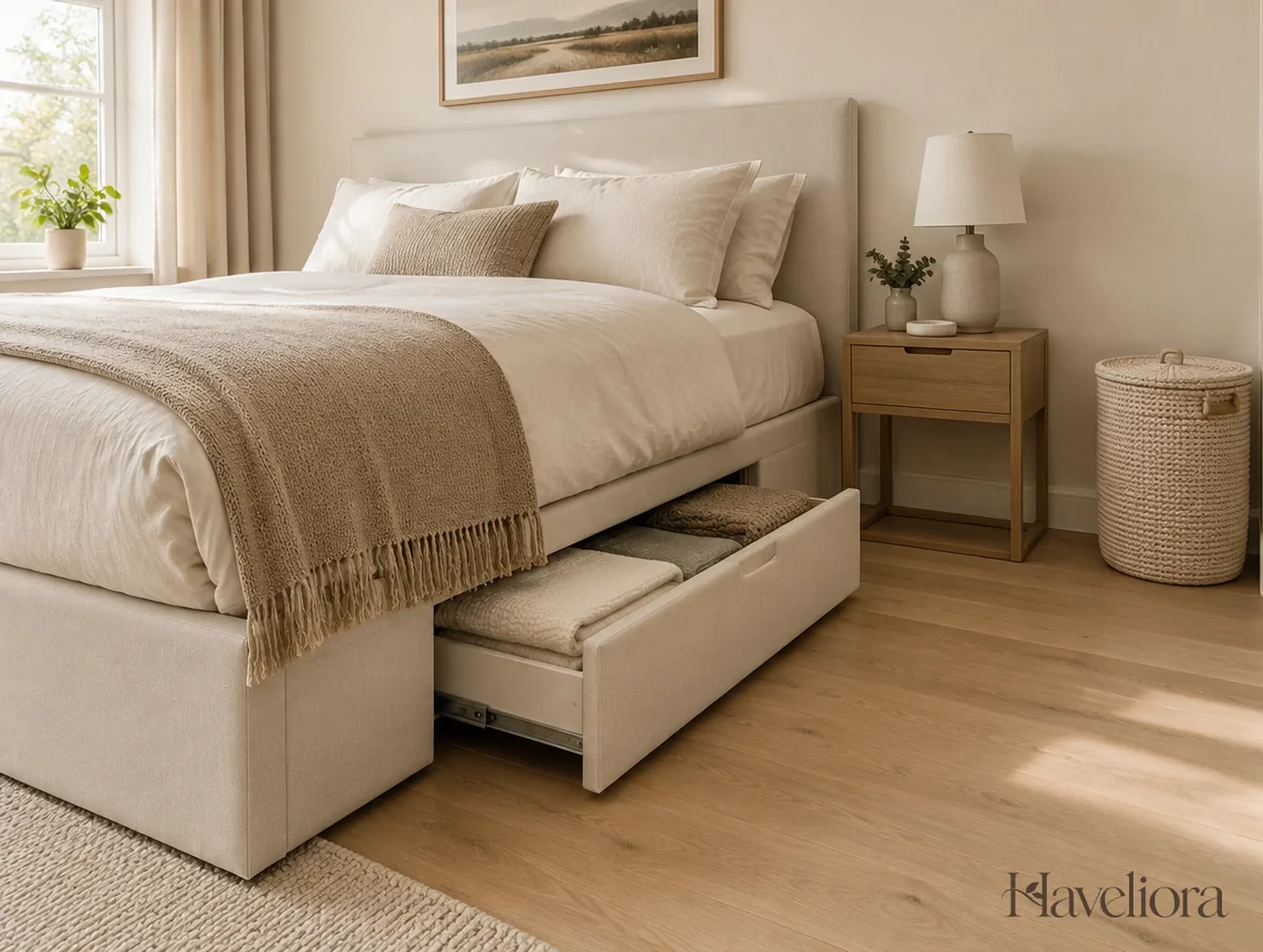 Bedroom storage drawer beneath a neutral bed holding folded linens, with clear floor space beside it.