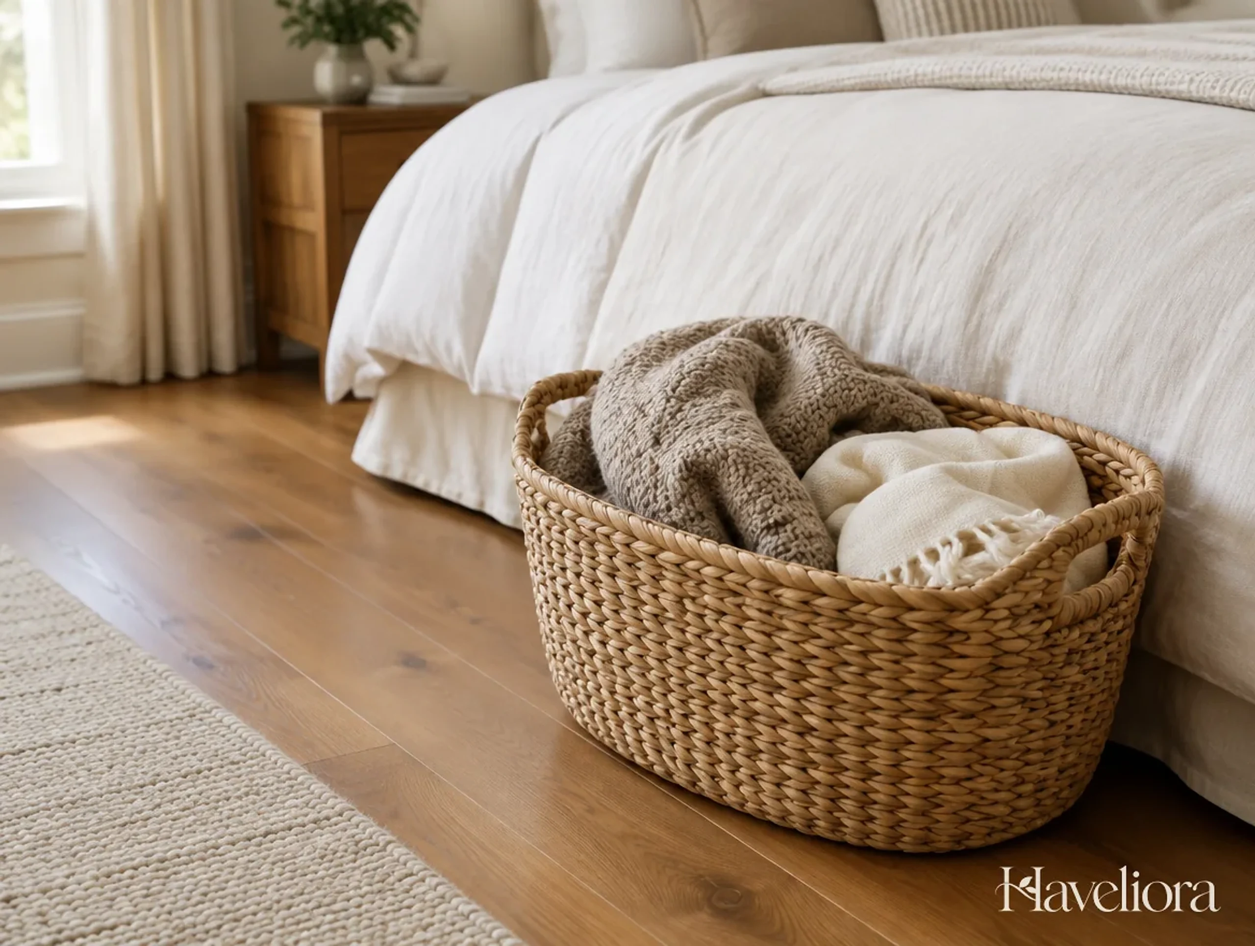 Woven basket holding a folded cream blanket beside an upholstered bedroom chair.