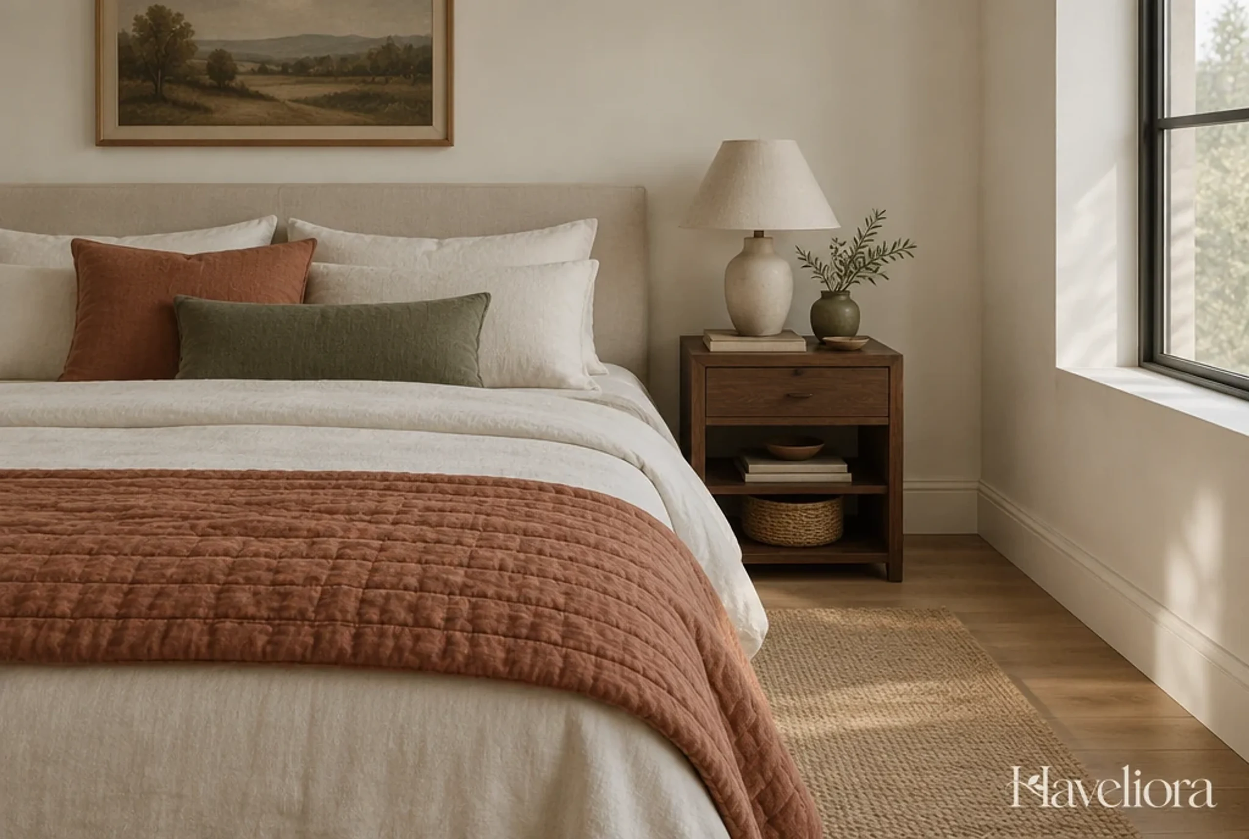 Cream bedroom with a terracotta quilt, olive cushion and walnut bedside furniture.