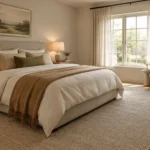 Cozy cream bedroom with layered bedding, oak furniture, warm bedside lamps and a reading chair.