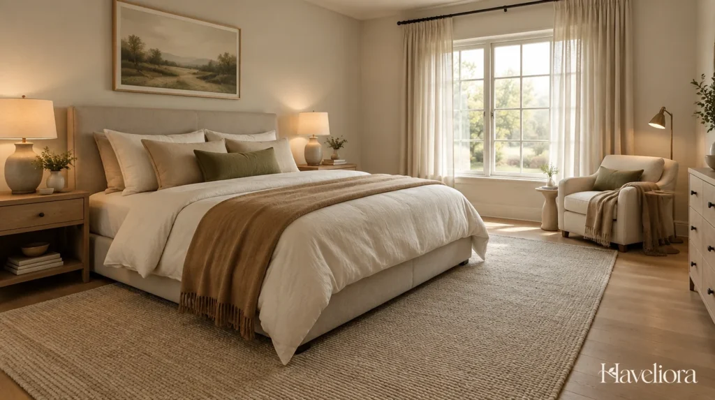 Cozy cream bedroom with layered bedding, oak furniture, warm bedside lamps and a reading chair.