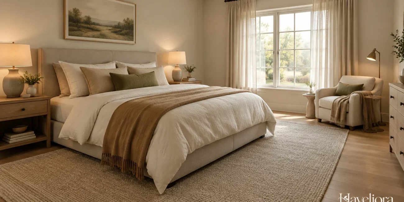 Cozy cream bedroom with layered bedding, oak furniture, warm bedside lamps and a reading chair.