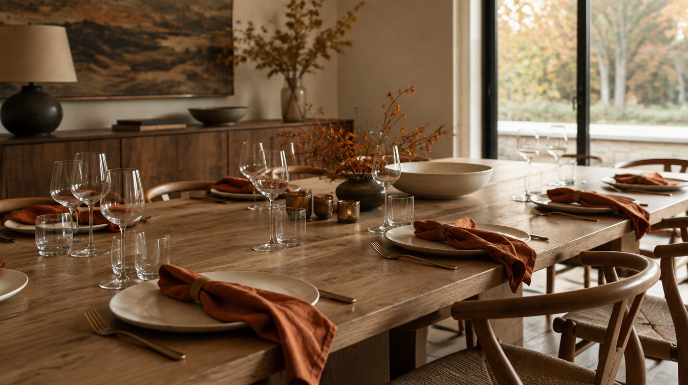 Fall table with muted rust napkins and simple neutral dinnerware.