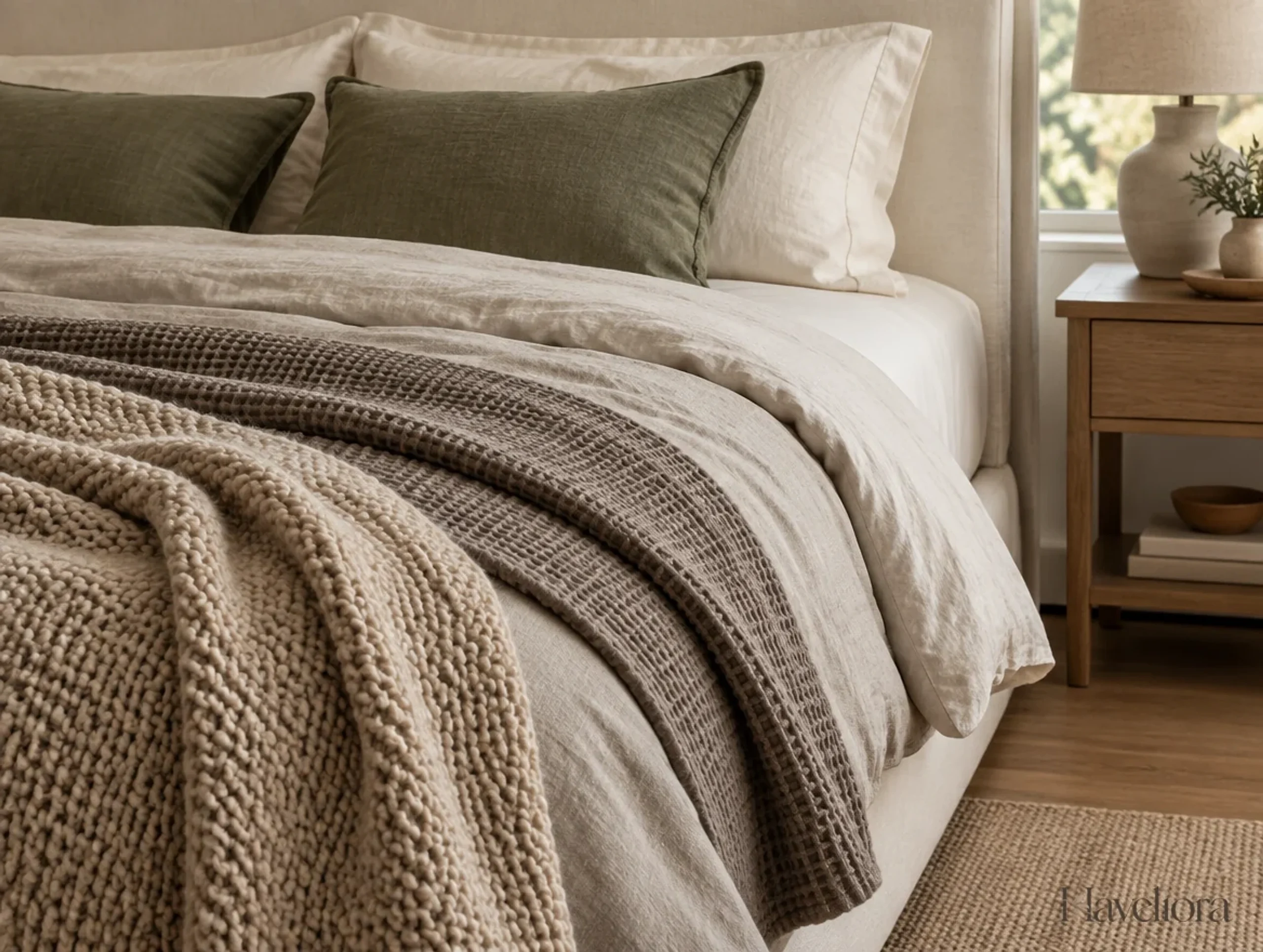 Cream and oatmeal bedding layered with a waffle coverlet, knit throw and muted olive cushions.