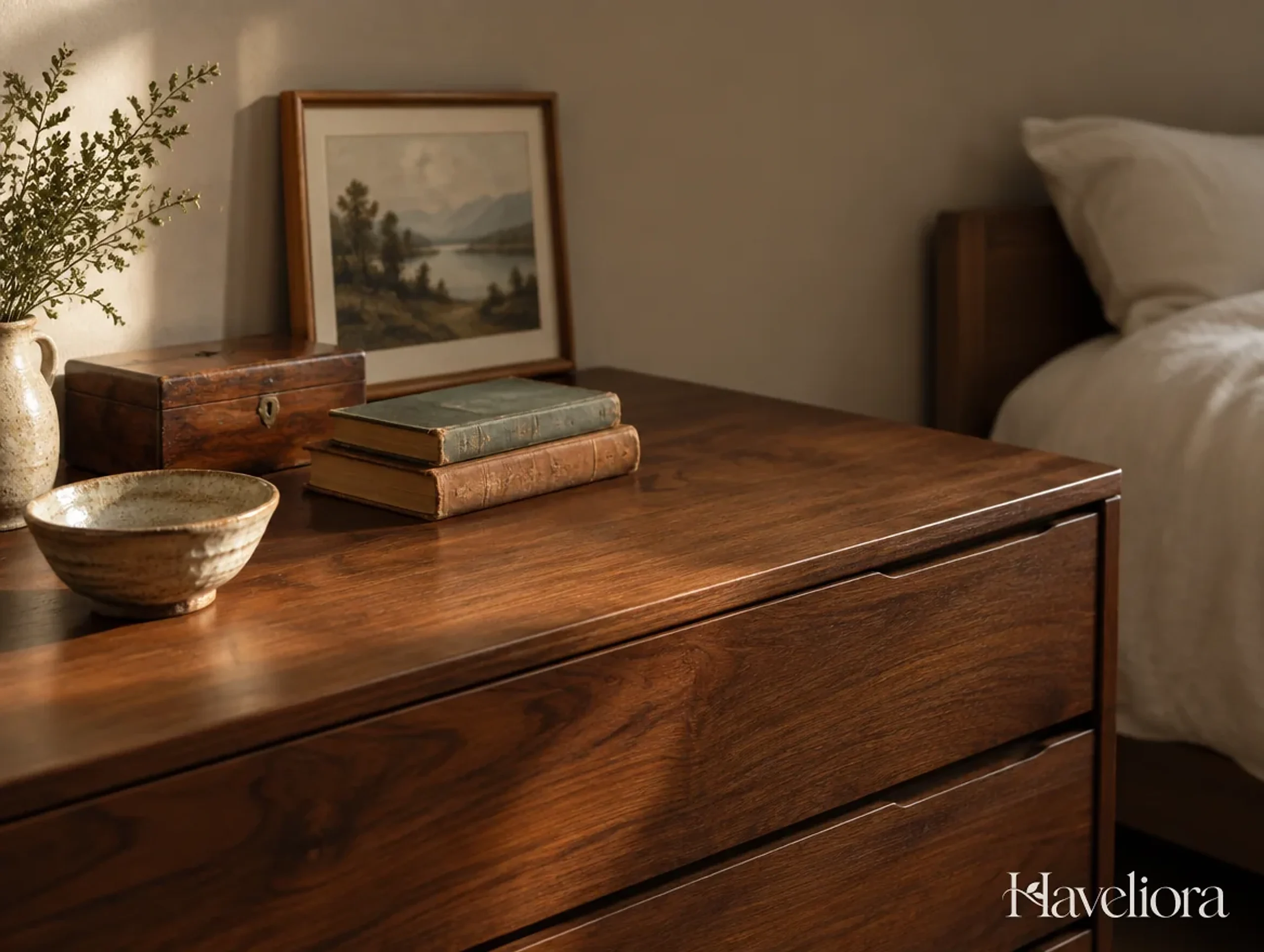 A small collection of books, ceramics and framed artwork arranged on a wood bedroom dresser.