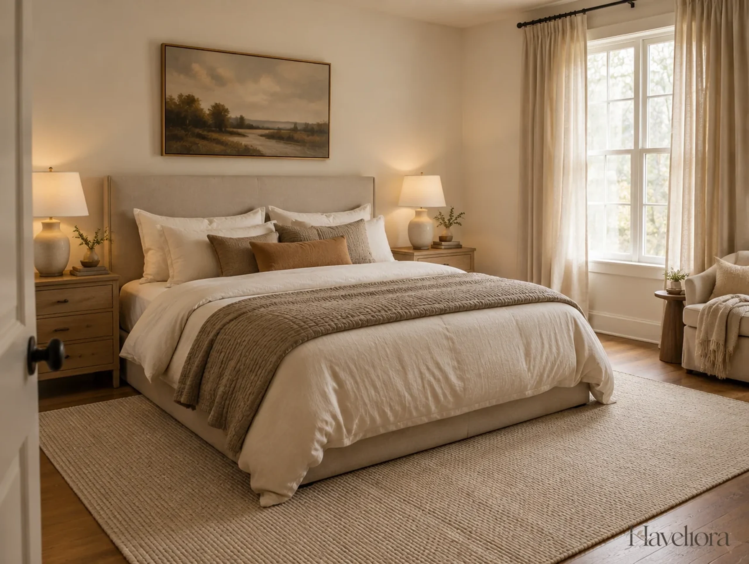 Warm-neutral bedroom with ivory walls, an oatmeal upholstered bed, taupe bedding and oak nightstands.
