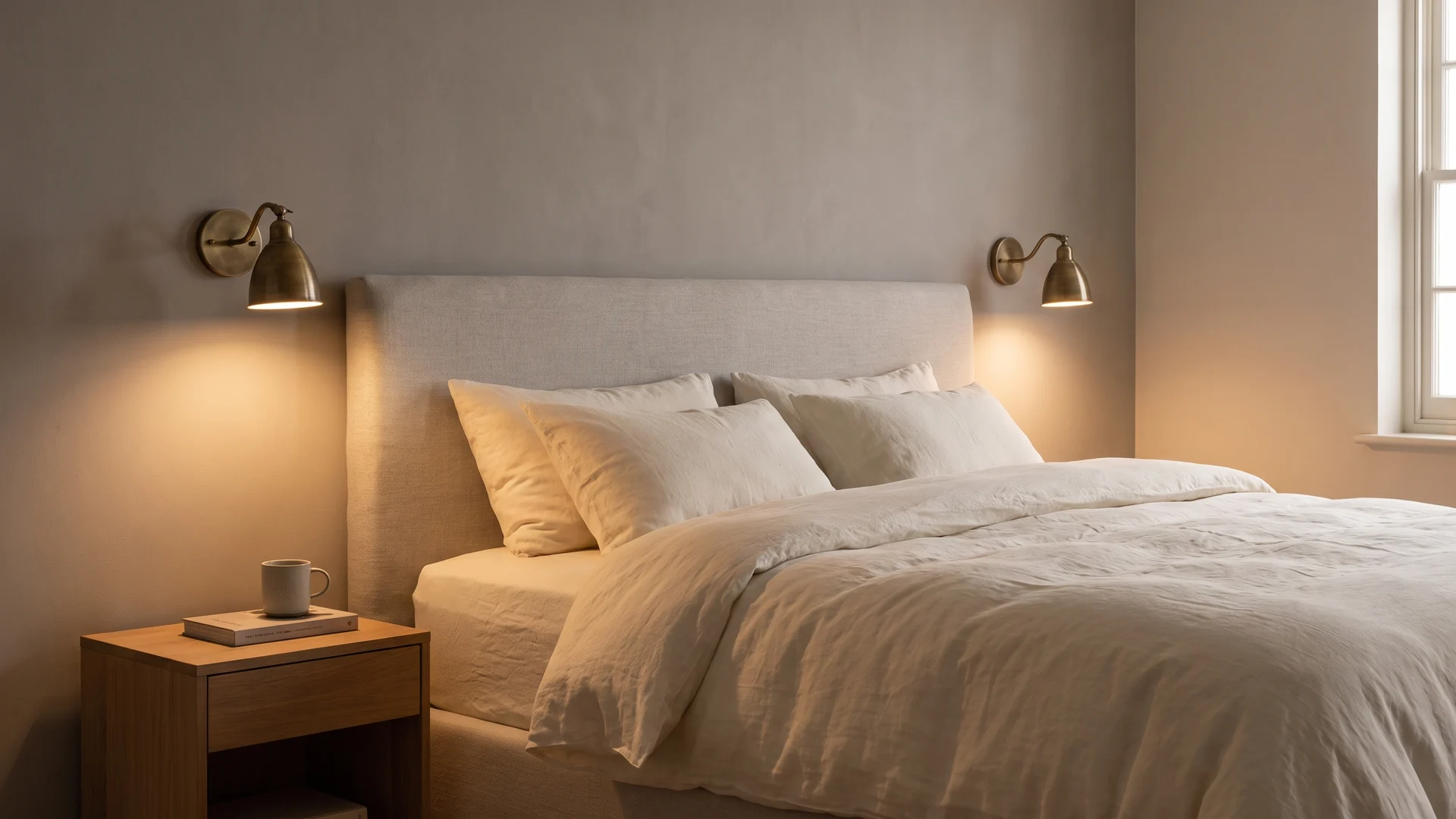 Bedroom with aged-brass sconces placed beside the bed for reading.