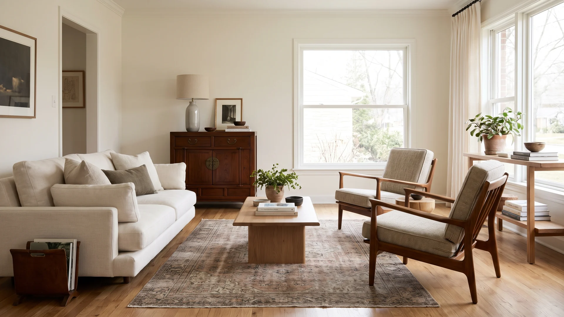 Living room balancing a modern sofa, vintage wood chairs, an older cabinet, and a patterned rug.