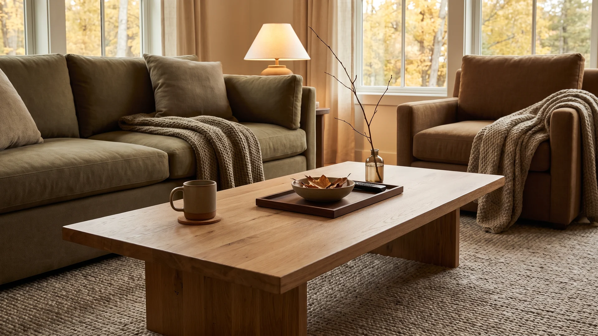 Coffee table with a warm drink and a simple tray in a comfortable living room.