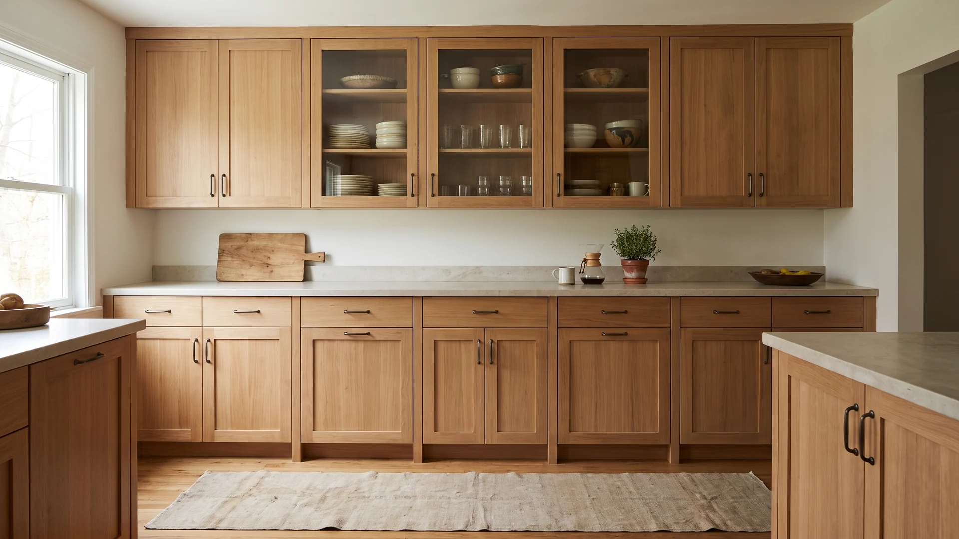 Warm wood kitchen with selective glass-front cabinets displaying neatly edited cream dishes.