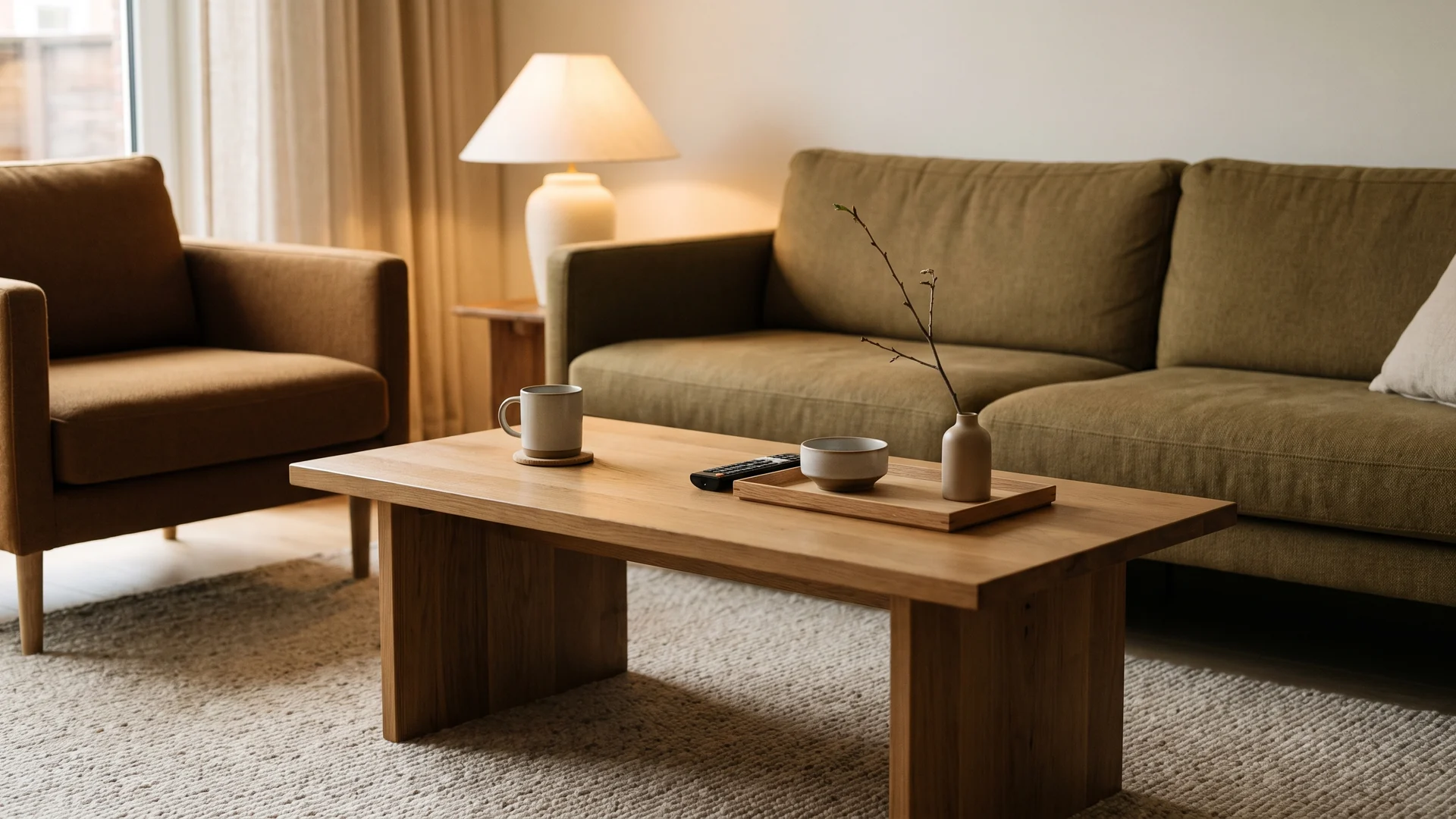 Simple evening coffee-table setup with a warm drink, tray and clear surface.