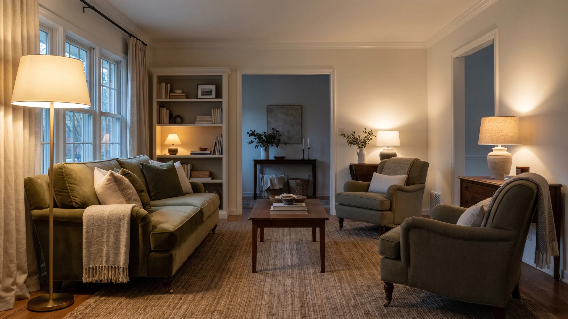 Living room illuminated by a floor lamp, table lamps, and soft shelf lighting.