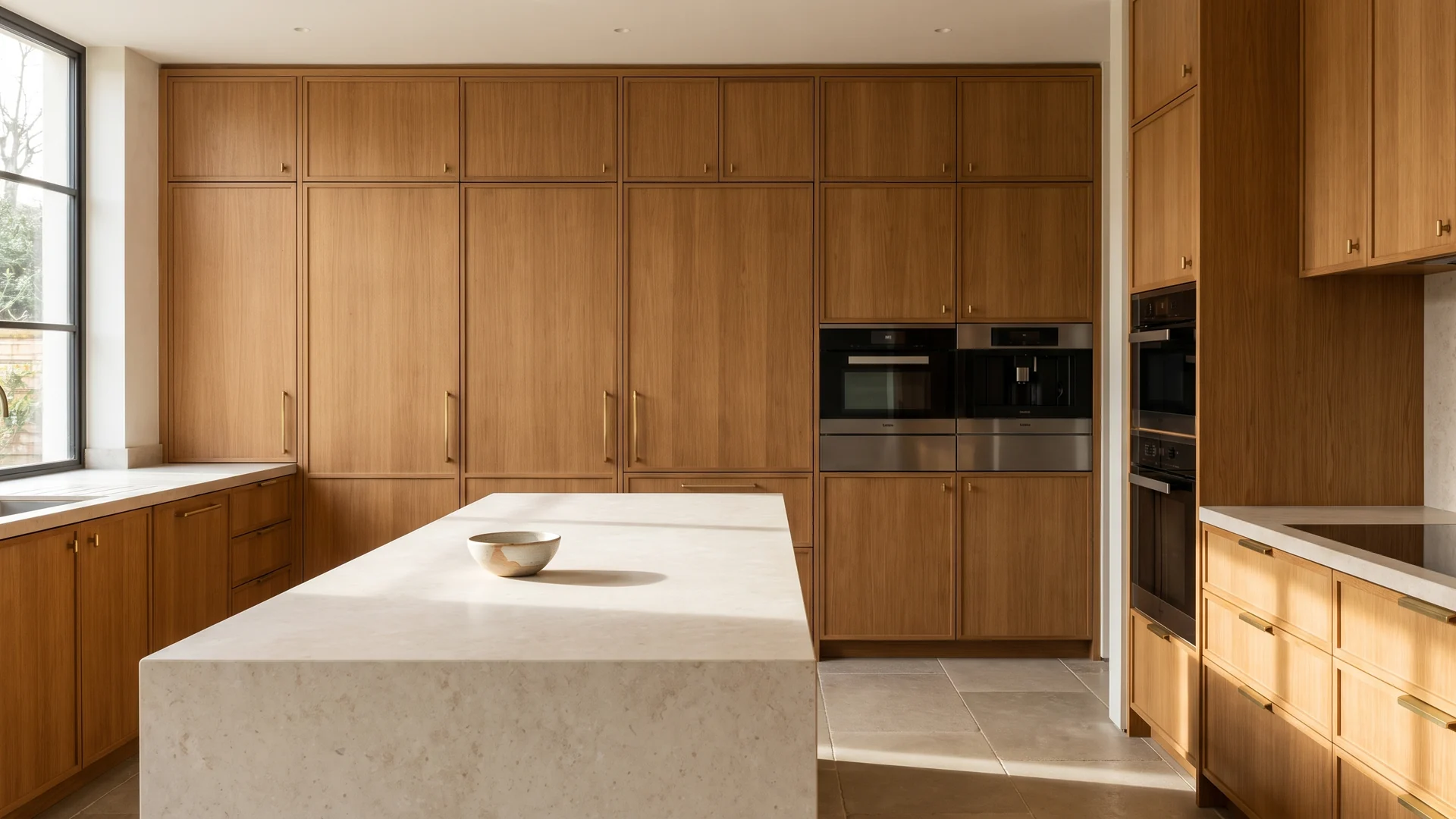 Full-height oak pantry cabinets across a warm, uncluttered kitchen wall.
