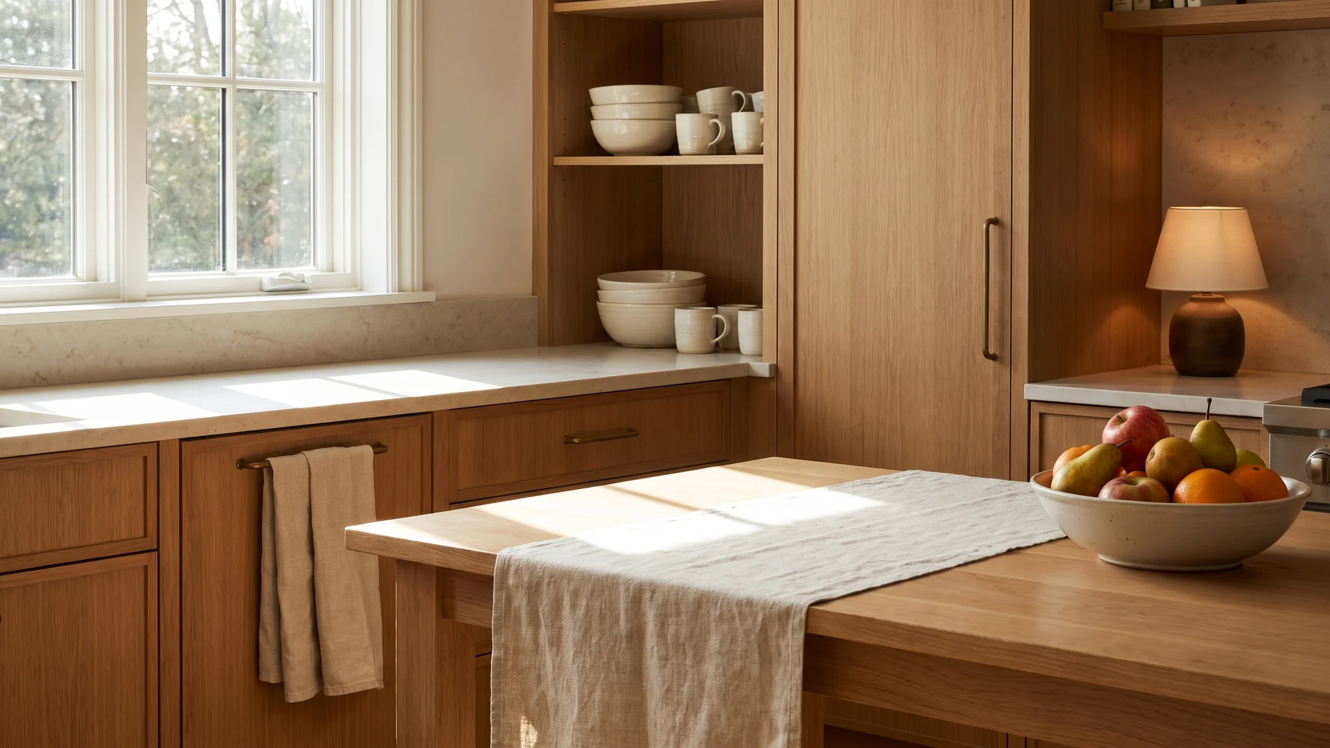 Warm-oak kitchen with a linen runner, everyday ceramics, fruit, and soft lamp light.