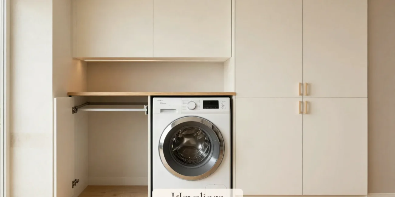 Concealed laundry zone with front-loading washer and dryer inside warm built-in cabinetry, a folding counter and practical storage.